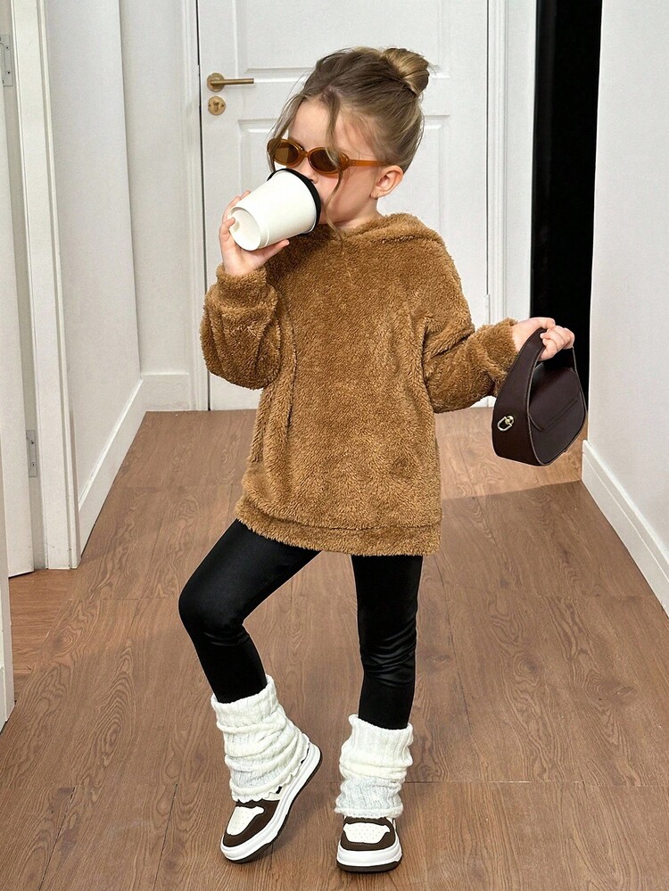 SHEIN 年轻女孩可爱棕色蓬松毛衣可爱小熊帽子小熊耳朵毛衣舒适温暖毛衣蓬松长袖连帽衫大蓬松棕色毛衣儿童秋冬款式连衣裙，适合休闲、日常穿着、上学、大学风格、返校季、派对 - 棕色 - 查看 5
