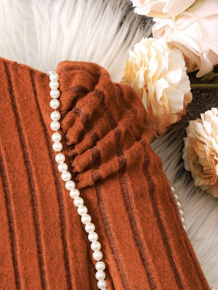 SHEIN Vestido de niña preadolescente de manga larga con cuello redondo, tejido en color marrón, estilo bohemio, con parches y estampado floral pequeño, adecuado para otoño e invierno, vestido de invierno para vacaciones, vestido de largo medio para niñas - Marrón - Ver 6