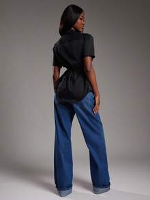 NYA SZN Top à manches courtes avec détail de cravate structuré, col boutonné, décontracté chic, bureau, école, brunch, mignon, modeste, automne-hiver, adapté pour les tenues de trajet pour femmes - Noir - Voir 2