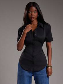 NYA SZN Top à manches courtes avec détail de cravate structuré, col boutonné, décontracté chic, bureau, école, brunch, mignon, modeste, automne-hiver, adapté pour les tenues de trajet pour femmes - Noir - Voir 5