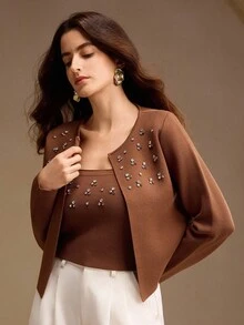 Anewsta 串珠水钻针织开衫 秋季、秋季、外出、优雅、正式、派对、别致、新年、圣诞节、工作、毕业、婚礼 - 棕色 - 查看 4