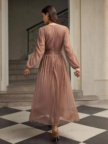 ZEYLAH 优雅派对闪光V领褶饰腰部连衣裙 - 藕粉色 - 查看 3