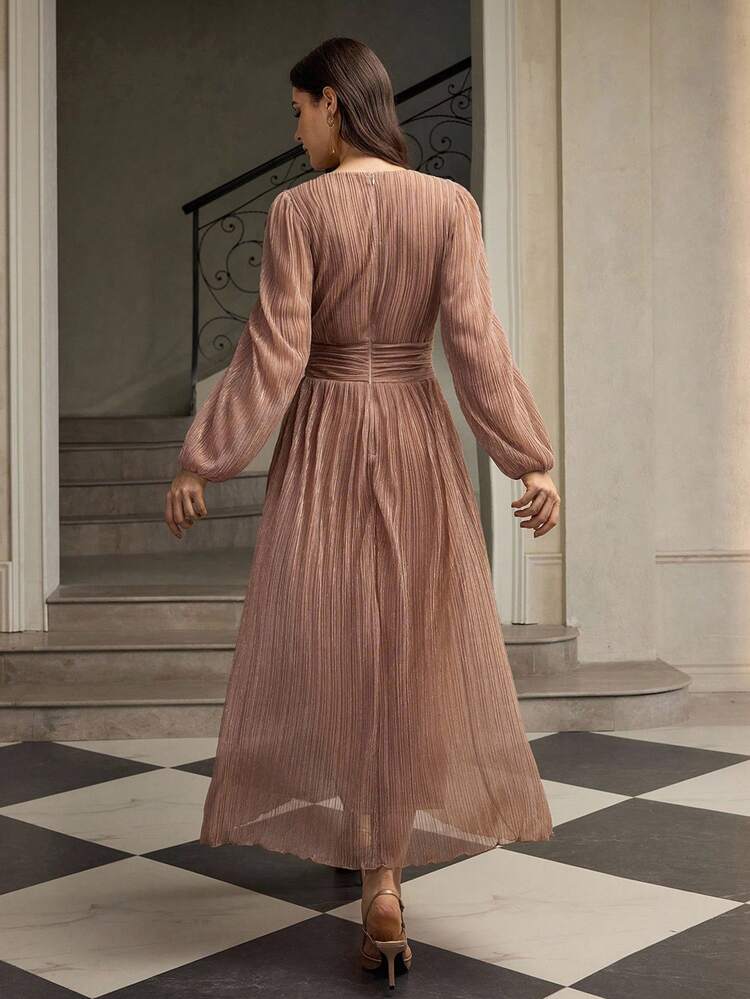 ZEYLAH Vestido Elegante de Festa com Decote em V, Cintura Franzida e Glitter - Rosa empoeirado - Visão 3