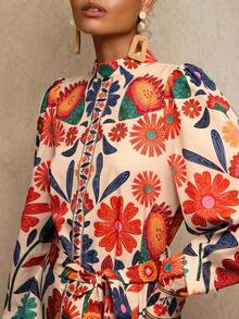 Travachic Elegant Floral Print Long Sleeve Dress, Suitable For Commuting,  New Year Clothes,  Going Out Outfit, Luxury Elegant Graduation, Boho Dress, Floral Print Dress,Fall Outfits For Women, National Day - Multicolor - View 2