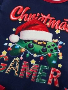 SHEIN 1 Bộ áo thun dài tay cổ tròn màu đỏ tía mừng Giáng sinh cho bé trai kèm mũ ông già Noel và cây thông Noel, quần ngủ bó màu xanh navy kèm mũ ông già Noel, cây thông Noel và dòng chữ "CHRISTMAS GAMER", quà tặng Giáng sinh - Nhiều màu - Xem 5