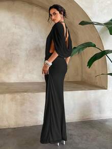 Aloruh 黑色低胸性感垂坠领网眼针织无袖连衣裙 - 黑色 - 查看 5