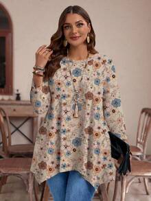 EMERY ROSE 大码女式休闲不对称下摆圆领宽松 3/4 袖 T 恤，带小碎花，秋冬款 - 彩色 - 查看 4