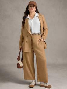 Zelara Plus Size Women's Linen-Like Slub Fabric Solid Color Asymmetrical Collar Long Sleeve Jacket And Pants Suit Set Fall Women Clothes Back To School Homecoming Business Casual Woman Country Concert Outfit Modest Old Money Stockholm Style Office Wear Teacher Outfits For Women Fall Women Clothes Korean Style Business Casual Women Teacher Outfits For Women Homecoming