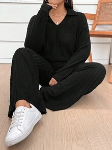 SHEIN CURVE+ Bộ 2 quần thường ngày có túi và áo nỉ cổ tròn in họa tiết da báo cỡ lớn - màu đen - Xem 7