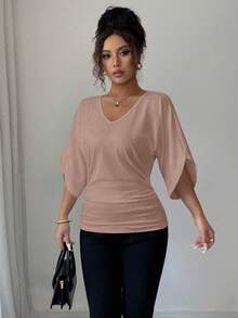 Elenzga 女式纯色蝙蝠袖V领短袖T恤 - 藕粉色 - 查看 5