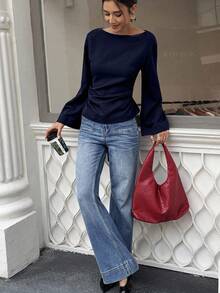 Selianne 女式纯色船领长喇叭袖腰休闲百搭衬衫 - 藏蓝色 - 查看 5