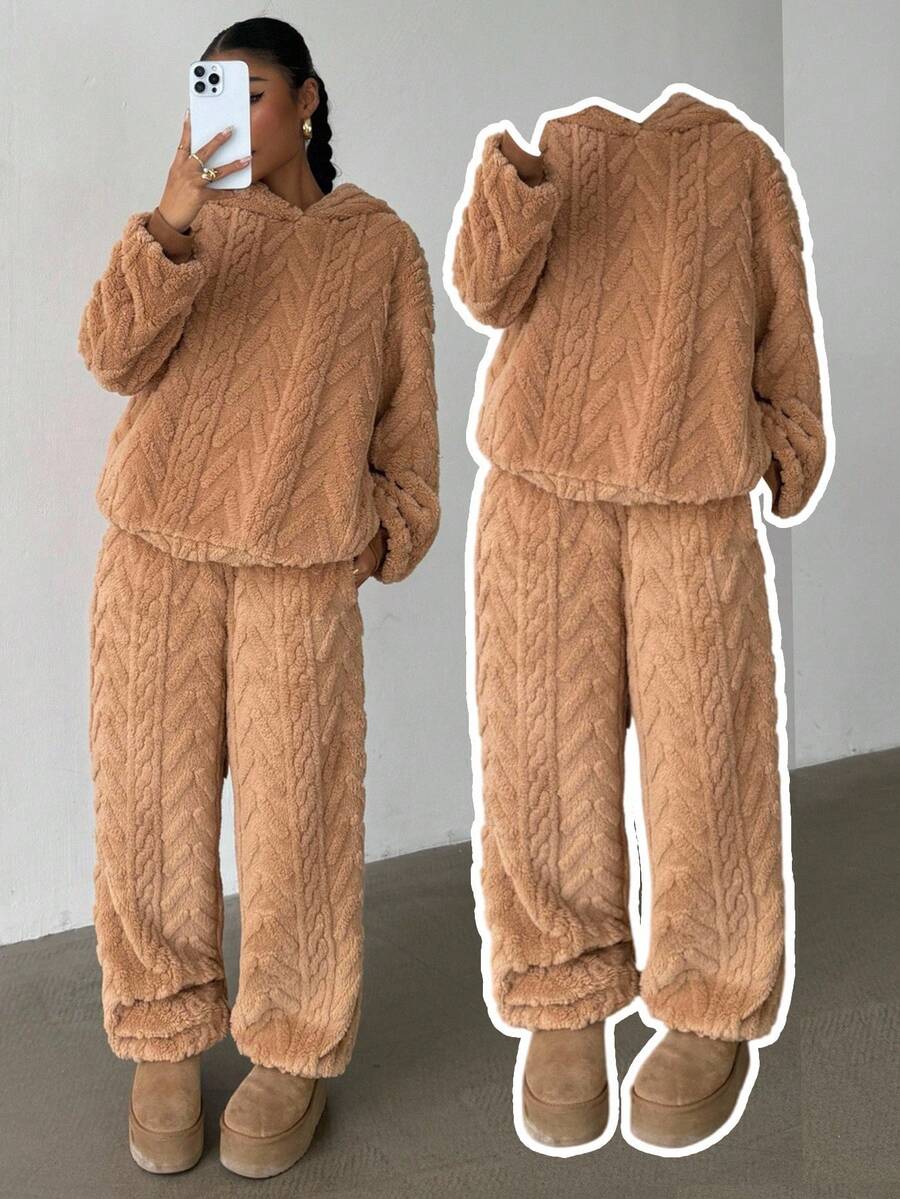 SHEIN Glowzi 少女 2 件套 温暖纹理羊毛宽松休闲连帽衫和运动裤套装，秋季 - 卡其色 - 查看 1