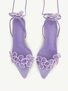 CUCCOO CHICEST 女士尖头系带花卉串珠高跟凉鞋，优雅甜美浪漫性感紫色网眼细高跟鞋，适合茶会、约会、时尚派对、节日、生日、万圣节的正式礼服鞋 - 紫色 - 查看 9
