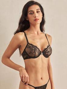 Charlaine 1pc Black Front-Closure Underwired 3/4 Cup Lace Trim Bra, Everyday Wear, Office, Casual, Alluring, Backless - Black - View 5
