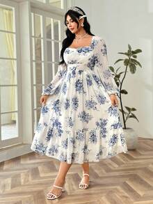 Soleia Plus Size Women Vintage Blue & White Floral Print Long Sleeve Elastic Waist Maxi Dress, Vacation - Blue and White - View 6