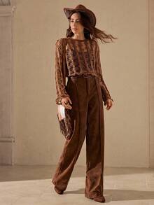 Wildy Fall Country Chic Winter Halloween Women's Casual Bohemian Hollow Out Long Sleeve Sweater Y2k Tops Boho Women Brown Western Wear Bohemian Airport Fall Sweater - Chocolate Brown - View 3