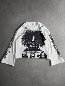 PAVTROS 男士街头风格流行 INS 搭配涂鸦美元肖像印花户外音乐节夜店男友丈夫礼物周年纪念礼物白色喇叭袖长袖 T 恤，图案短款上衣男士，图案长袖，嘻哈图案 T 恤，适合秋季 - 彩色 - 查看 3