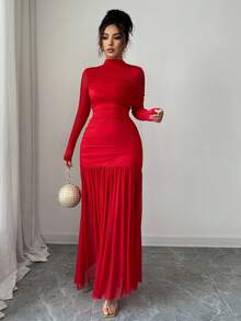 SHEIN Elenzya Váy maxi chữ A xếp ly lưới khoét lỗ hở gợi cảm thời trang thu đông mới, màu đỏ trơn cổ đứng, thích hợp cho tiệc tốt nghiệp, sự kiện ngày lễ, kỳ nghỉ, hẹn hò, Giáng sinh, Halloween - Đỏ - Xem 7