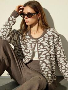 GENKIRA Leopard Print Jacquard Zip-Up Jacket And Wide Leg Floor Length Pants 2 Pieces Set - Multicolor - View 2