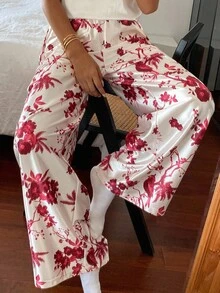 DAZY 优雅中国风花卉和鸟类印花缎面宽松女士睡裤，秋季 - 紅色 - 查看 3