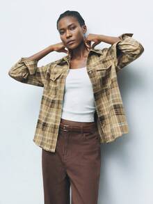 Maija Camisa casual de mujer de manga larga a cuadros, de un solo pecho, con bolsillo y holgada