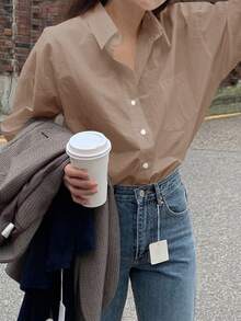 DAZY 秋季休闲百搭纯色长袖衬衫 - 卡其色 - 查看 4