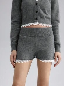 2件蕾丝边短款开衫和针织短裤套装 - 灰色 - 查看 5