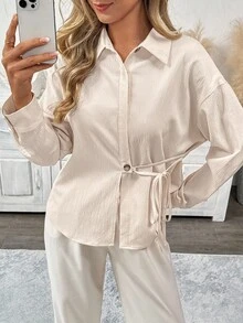 SHEIN LUNE Camisa de mujer de manga larga con cordones de unicolor casual, uso diario básico, camisa con botones y lazos de otoño/invierno, elegante ropa de calle de otoño para mujeres, casual para el aeropuerto, top para salir, estilo campestre elegante - Albaricoque - Ver 8