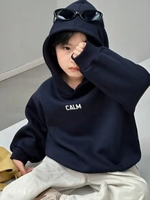 DAZY 男童抓绒卫衣，休闲宽松版型字母印花街头风，秋季连帽衫 - 藏蓝色 - 查看 6