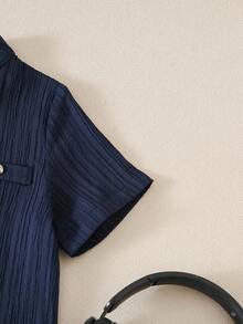 Sparklyn 男童纯色单排扣宽松休闲衬衫，短袖夏季休闲时尚韩版蓝色衬衫 - 藏蓝色 - 查看 6