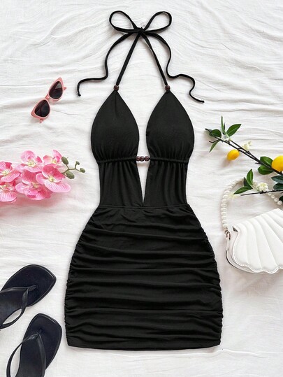 Soleia Vestido mini con escote profundo en V, tirantes con lazo y espalda descubierta para mujer, ajuste ceñido con drapeado, adecuado para fiesta, cita, té de la tarde, vacaciones de verano en la playa con estilo