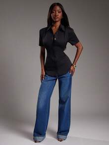 NYA SZN Top à manches courtes avec détail de cravate structuré, col boutonné, décontracté chic, bureau, école, brunch, mignon, modeste, automne-hiver, adapté pour les tenues de trajet pour femmes - Noir - Voir 4