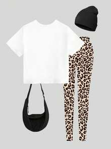 SHEIN 2pcs/Set Girls Casual Creative Diamond-Like Leopard Bow Decor School Pattern Print Short Sleeve T-Shirt & Leggings Outfit Set Girls Leopard Outfit Girls Cheetah Set Bow Outfit Girls Tween Leggings Set Tween Girl Bow Shirt - Multicolor - View 2