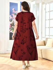 SHEIN Lacomfia Đầm họa tiết hoa giản dị cỡ lớn trang trí nút cho nữ - Đỏ - Xem 2