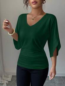 Elenzga Women's Solid Color Mid-Sleeve Fitted Ruched Batwing V-Neck Short Sleeve T-Shirt