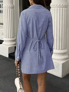 EMERY ROSE Women's Striped Long Sleeve Single-Breasted Casual Shirt Dress, Autumn - Blue and White - View 2