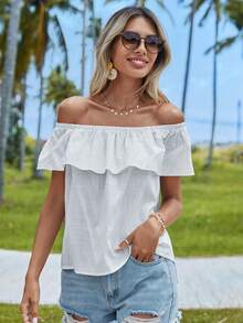 Soleia 一字肩荷葉邊素色襯衫 - 白色 - 查看 5