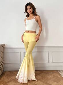 SHEIN ICON Quần ống loe in họa tiết ren gradient ngọt ngào và quyến rũ dành cho nữ có cạp siêu thấp - Màu vàng - Xem 7