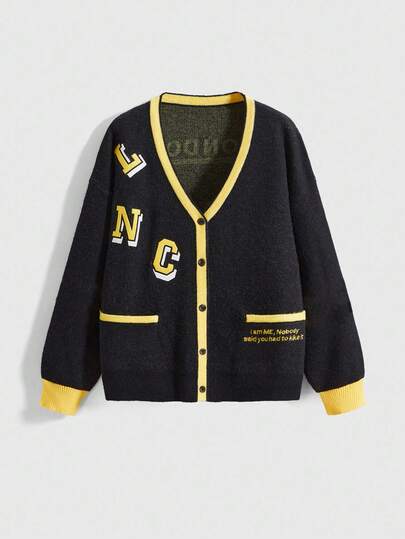 Street Life Große Größen Damen Locker gestrickter Cardigan mit Straßen- und Schul-inspiriertem Buchstaben-, Zahlen- und Farbblockdesign, geeignet für Herbst/Winter Sport