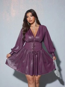 Viva Relle Váy lấp lánh cổ chữ V xẻ viền cỡ lớn cho nữ - Màu tím - Xem 1