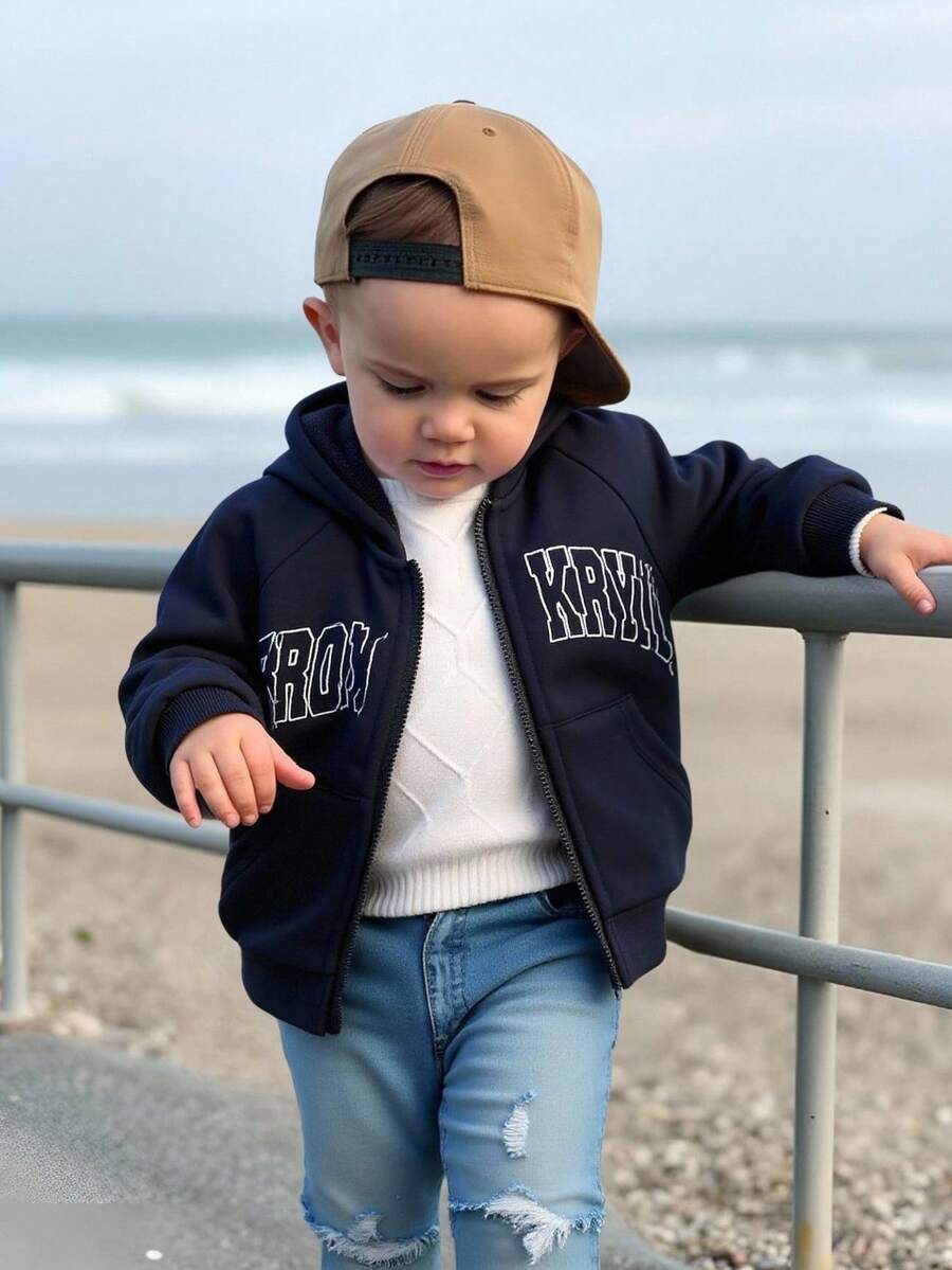 SHEIN 柔软舒适休闲百搭日常时尚刺绣拉链连帽夹克运动衫，适合男婴、女婴和幼儿，适合室内、户外、日常、运动、玩耍、派对、拍照、节日、万圣节、圣诞节 - 藏蓝色 - 查看 1