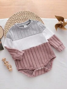 SHEIN Baby Mädchen Lässiger Alltags Patchwork Kontrast Farbe Rippstrick Romper, Herbst/Winter