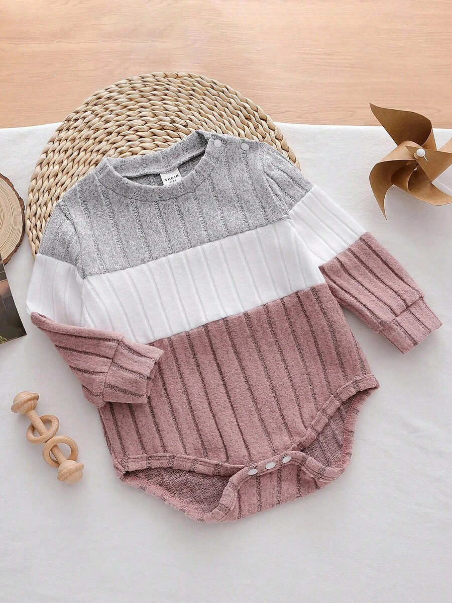 SHEIN Baby Mädchen Lässiger Alltags Patchwork Kontrast Farbe Rippstrick Romper, Herbst/Winter