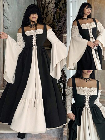 Lyrianda Plus Size Women Off-Shoulder Long Sleeve Flare Sleeve Ruffle Elegant Vintage Cute Halloween Party Casual Holiday Colorblock Dress Fall Cloth For Women