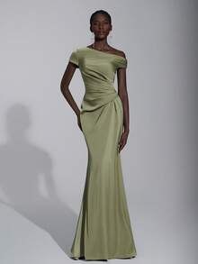 Elitara 优雅奢华缎面褶饰露肩美人鱼裙，适合婚礼、派对、度假、庆典、伴娘礼服