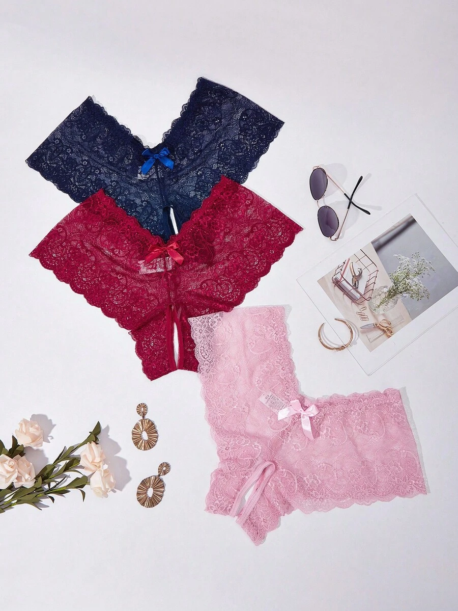 3件套大码性感蕾丝开裆内衣套装 - 彩色 - 查看 1