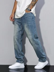 Manfinity Homme 休闲宽松直筒男士宽松牛仔裤纯色深蓝色长直筒洗水牛仔裤洗水工装牛仔裤，适合老公、男朋友的礼物 - 藍色 - 查看 4