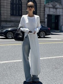 DAZY Women's Loose Long Sleeve Split Hem Long Sweater