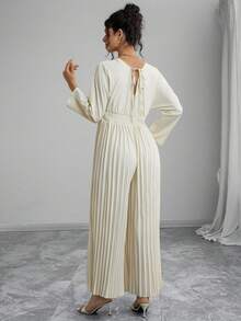 Momance 孕妇连体裤，长袖，V 领，蝴蝶结系带，褶裥裤腿，宽松孕妇裤 - 杏色 - 查看 2