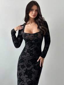 Firerie Women's Black Flocked Floral Elegant Fitted Midi Dress, Bustier Dress, Vintage Dress, Spring/Summer/Autumn, Elegant, Work, Sexy, Romantic, Date, Party, Wedding, Graduation, Performance, Concert, Work Attire, Back To School, Women's Birthday Dress,New Year Clothes